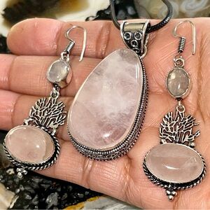 Pink Rose Quartz Pendant & Earrings Set